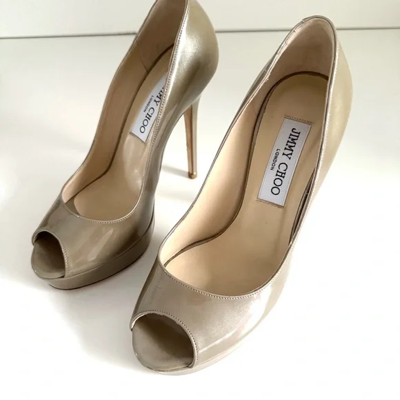 Jimmy Choo Crown Beige Khaki Patent Leather Peep Toe Platform Heels size 5.5 - Picture 9 of 16
